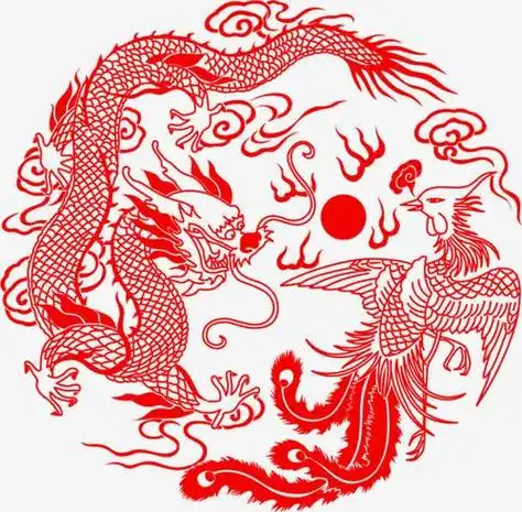 红色龙和凤凰剪纸装饰