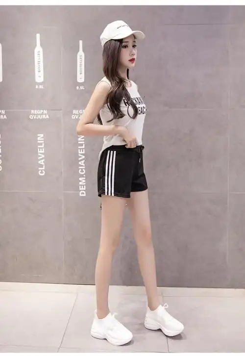 audde 2019夏季新品女装短裤女松紧腰系带运动胖mm休闲三杠 kkzthy