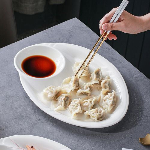 吃饺子盘子带醋碟网红高档饭店餐具陶瓷碟专用寿司凉菜水饺盘虾盘