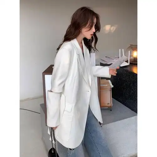 suntek白色小西装外套女春秋韩版宽松英伦风设计感小众气质休闲西服