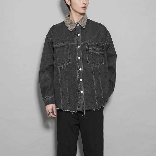 2021秋季新款潮流暗黑港风复古水洗做旧灰色牛仔外套男士休闲夹克