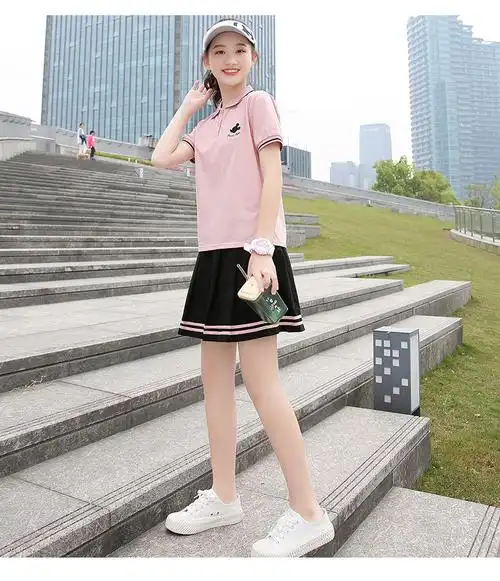 初中生运动套装女夏2020新款时尚少女小清新百褶裙短裙休闲两件套