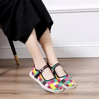 桀珀图彩色格子布鞋女学生甜美一字扣带千层底舒适女鞋夏季布底鞋定制