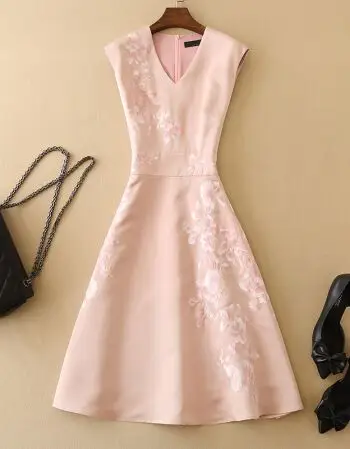 春夏新款女装欧美精致刺绣修身晚装晚礼服小礼服裙无袖连衣裙 藕色 m
