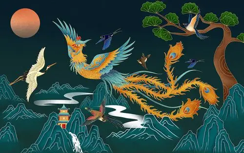 白鸟朝凤凤凰国潮插画