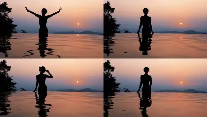 泳池中的美女逆光身影