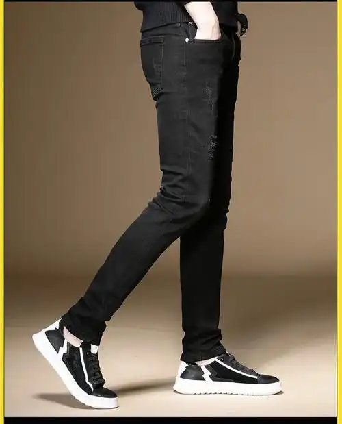 春秋季高端黑色牛仔裤男修身小脚弹力潮流百搭刺绣男士休闲长裤子黑色