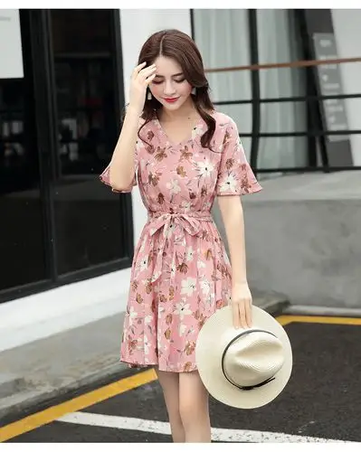 碎花雪纺连衣裙女装2017新款夏韩版修身显瘦喇叭袖印花气质中长裙