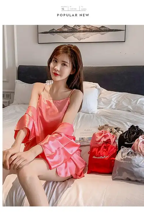 2020夏季性感丝绸四件套仿真丝睡衣女吊带木耳边短裤家居服套装