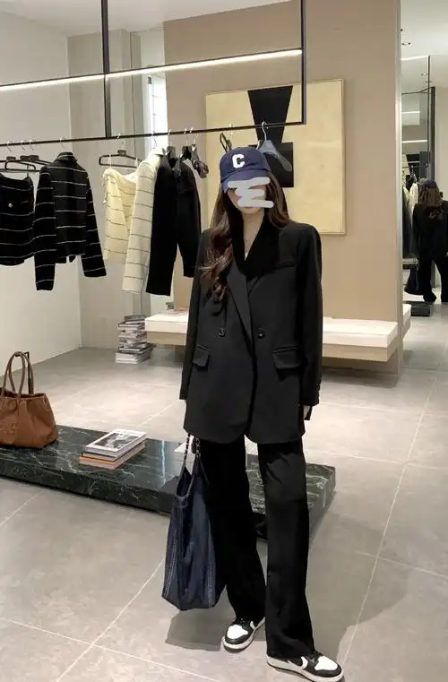 chic宽松西装外套女高级感韩版休闲黑色休闲西服潮 阔腿裤套装