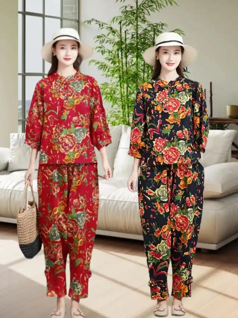 复古民族风女装棉麻套装女秋装时尚妈妈洋气上衣哈伦裤减龄两件套