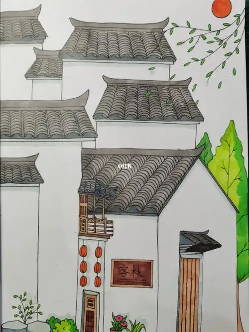 古色古香的徽派建筑#画画  #儿童创意画  #儿童画