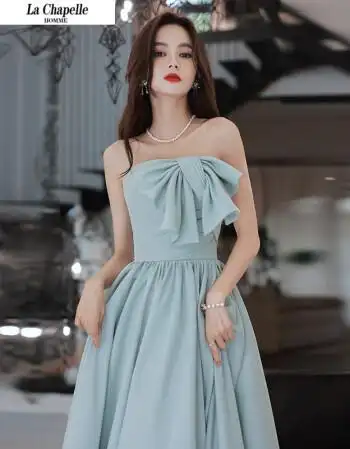 礼服女年会主持仙气轻奢小众连衣裙宴会气质高端抹胸公主裙冰蓝色量身