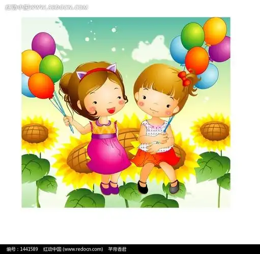 坐在向日葵上拿着彩色气球的两个小女孩 素材描述:红动网提供卡通形象