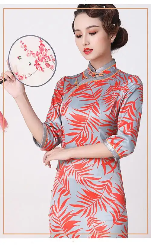 qc1698025新款高端优雅气质修身立领手工盘扣七分袖长款真丝印花旗袍