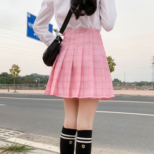 胯显瘦网纱半裙不规则百褶裙百褶裙学院风女春夏2023新款短 粉色格子