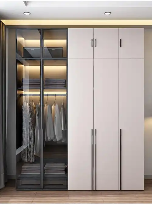 木制衣柜轻奢玻璃门现代简约衣柜家用卧室平开门木质柜子整体组合六门