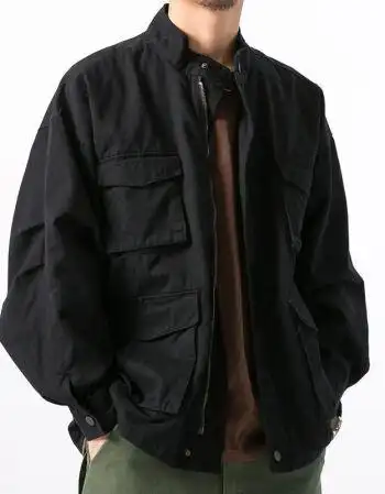 黑色工装夹克男春秋多口袋美式飞行员外套日系复古宽松大码棒球服黑色