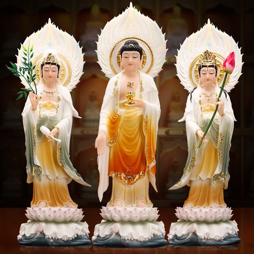 摆件慈缘阁七彩汉白玉西方三圣佛像释迦牟尼如来佛阿弥陀佛摆件