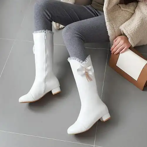 女童靴子白色马丁靴秋冬季小女孩公主加绒长靴儿童高筒靴春夏 白色 37