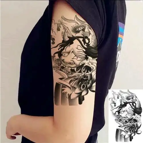 纹身贴男半臂刹车印般若锦鲤花臂纹身贴 割线男女防水纹身贴线条鲤鱼