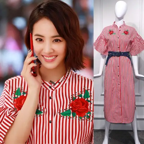 明星蔡依林同款衣服女2018夏季宽松红白条纹衬衫裙开叉港味连衣裙