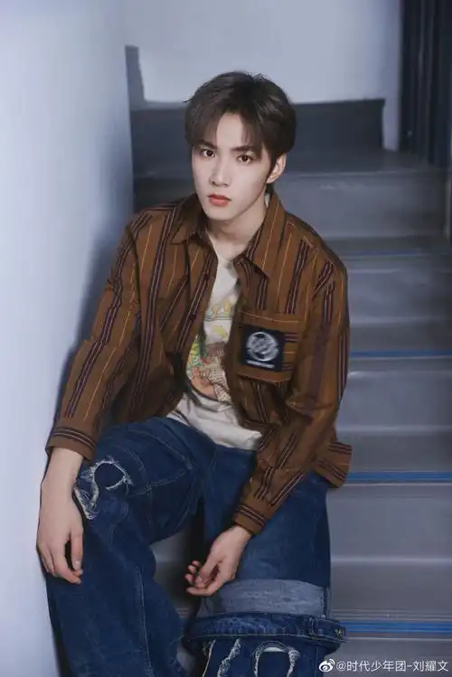 刘耀文棕色条纹衬衫牛仔裤#刘耀文分享日常随拍,棕色条纹衬衫搭牌拼