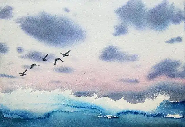 水彩大海与海鸥