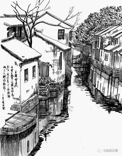 钢笔画江南雪