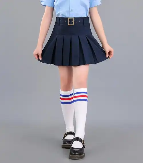 女童卡其色百褶裙英伦风女孩校服半身裙新款小学生防走光百褶裙