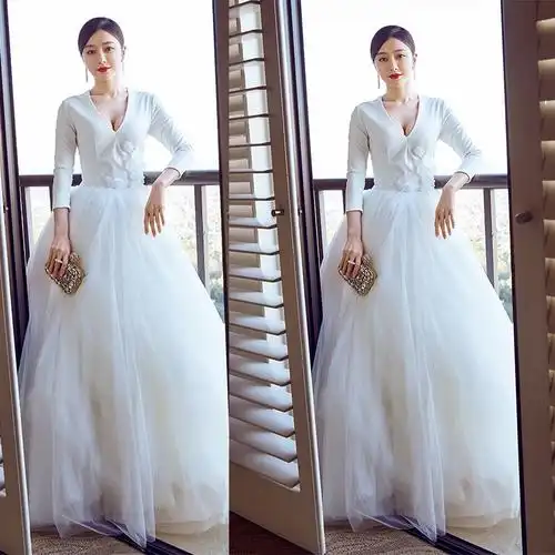 秦岚明星同款婚纱晚装礼服连衣裙网纱大摆蓬蓬裙年会主持人礼服女