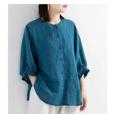 棉麻衬衫女装复古文艺上衣宽松大码衬衣女