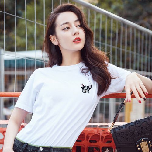 2023早春新款明星迪丽热巴同款t恤卡通小狗刺绣短袖女宽松纯棉夏