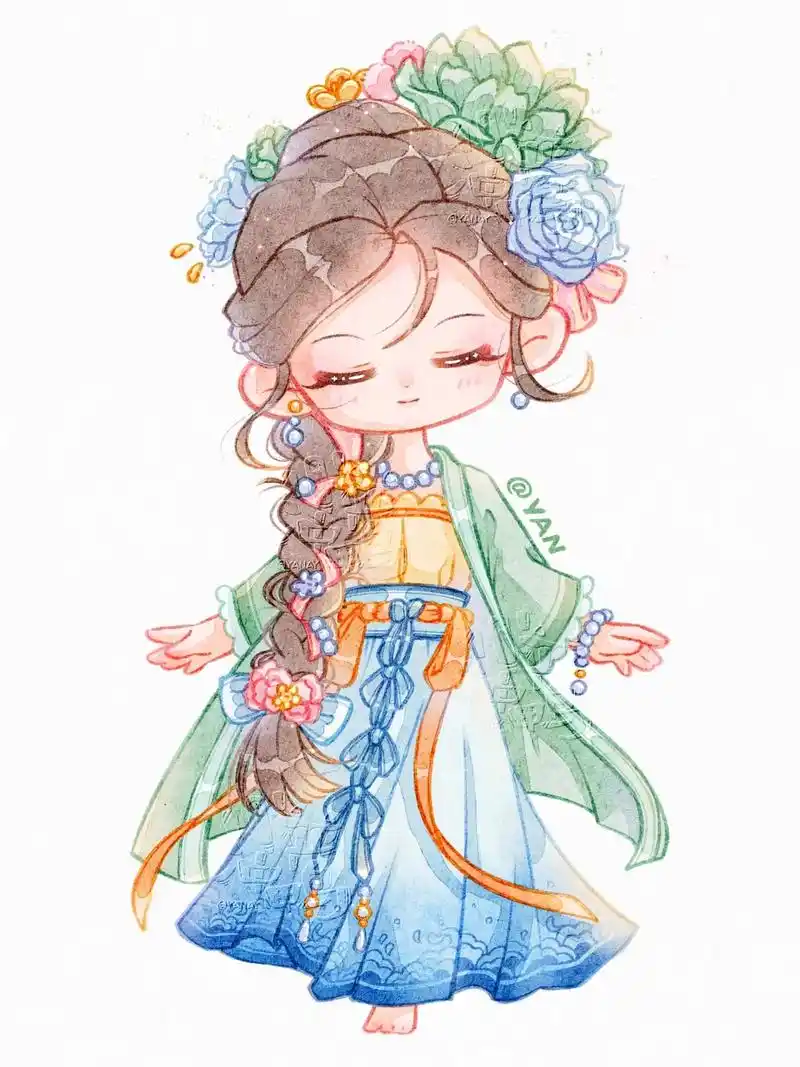 古风水彩q版人物团练