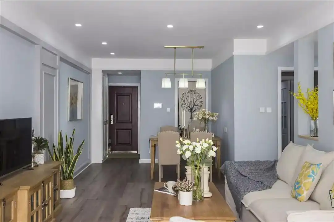 117㎡现代美式三居室装修,灰蓝色墙漆太美了吧!