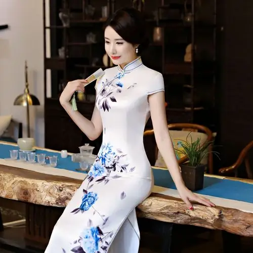 批发春夏真丝气质修身礼仪复古旗袍 长款印花中式婚宴复古旗袍