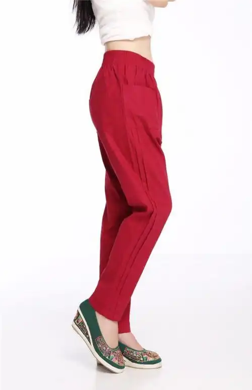 棉麻的女裤九分裤女士纯色亚麻布料秋款大码衣服休闲女人下装裤子