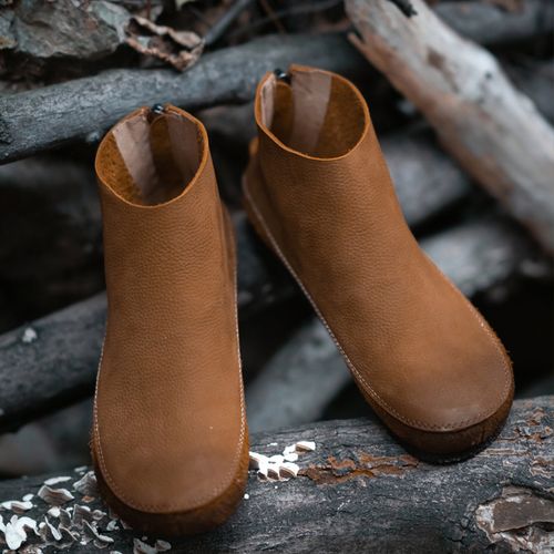 复古文艺头层牛皮平底靴子女 知笔墨原创设计秋冬季简约百搭短靴