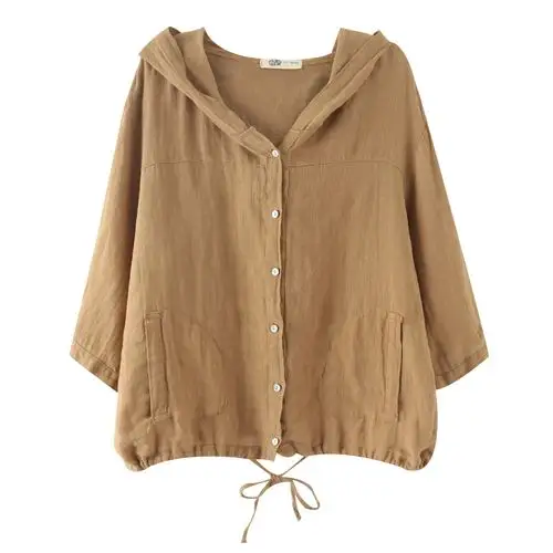 夏季新款棉麻开衫女中袖宽松大码连帽上衣文艺复古亚麻七分袖衬衫