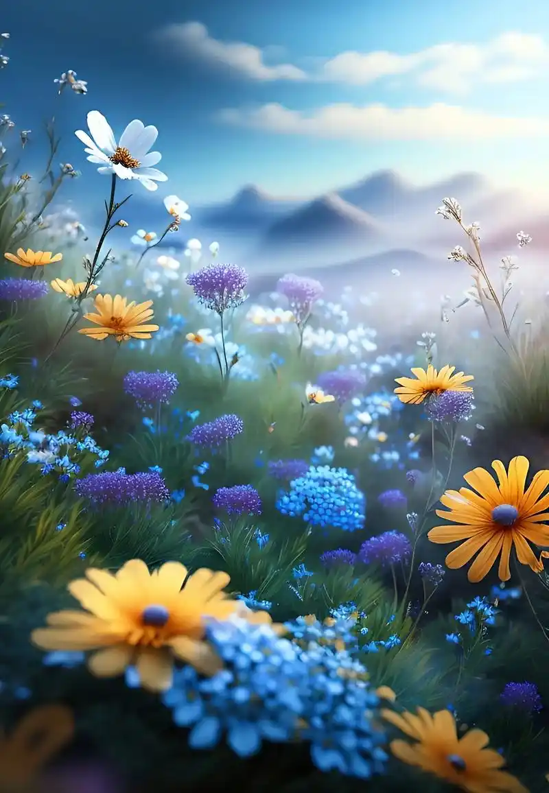 风景花草.超真实摄影,户外,清晨,薄雾,小山坡上开放着小野花 - 抖音