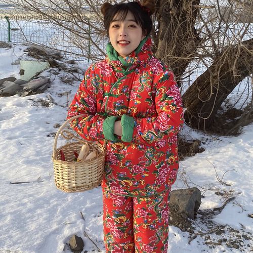 m-manyutie品牌过年网红花棉袄中国风套装东北大花棉袄女大棉袄大花袄