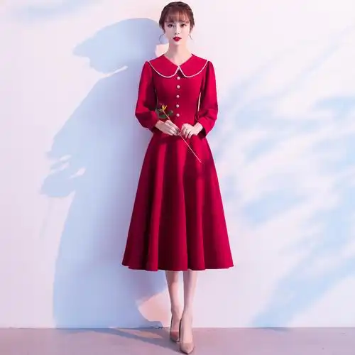 敬酒服新娘2021新款酒红色结婚气质回门晚礼服裙女小个子平时可穿