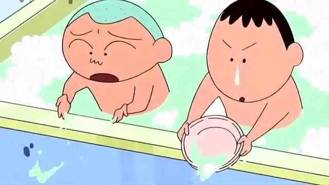 小新和风间他们一起泡澡,小新竟把妮妮妈妈的高级洗发水全用了!