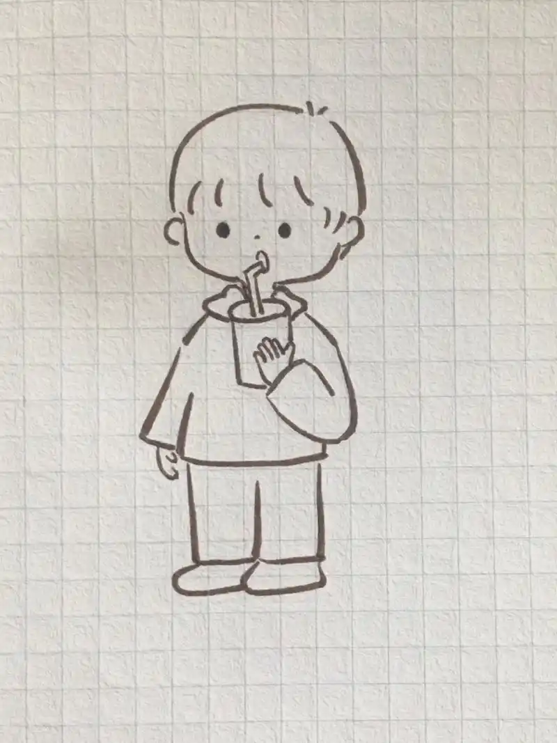 可爱简笔画 暖萌小男孩//附线稿 手帐简笔画 喝奶茶吗 马克笔萌系人物