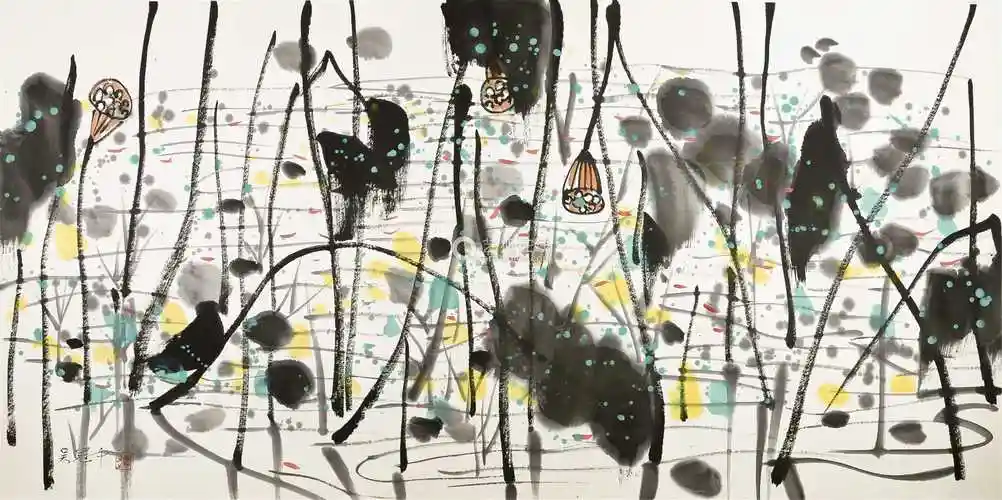 吴冠中荷塘设色纸本镜片