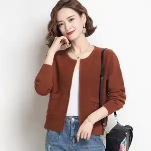 针织开衫女2022年春秋薄款高腰短款上衣v领外套焦糖色气质百搭潮