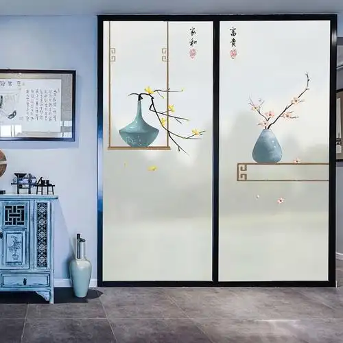 40100cm新中式静电磨砂玻璃贴膜透光不透明卧室客厅餐厅移门玻璃装饰