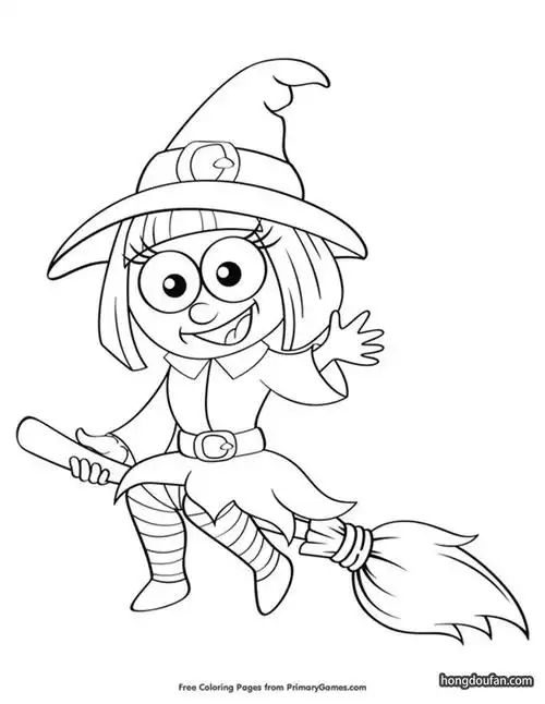 骑着苕帚向你挥手的卡通女巫小女孩涂色儿童大全
