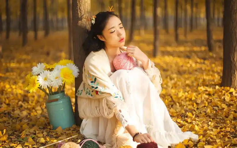 森系美女银杏树林唯美写真图片电脑高清桌面壁纸