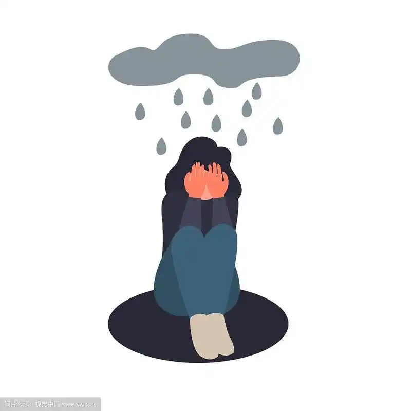 沮丧的女孩用手捂着脸哭泣.悲伤的女性扁平人物坐在雨中